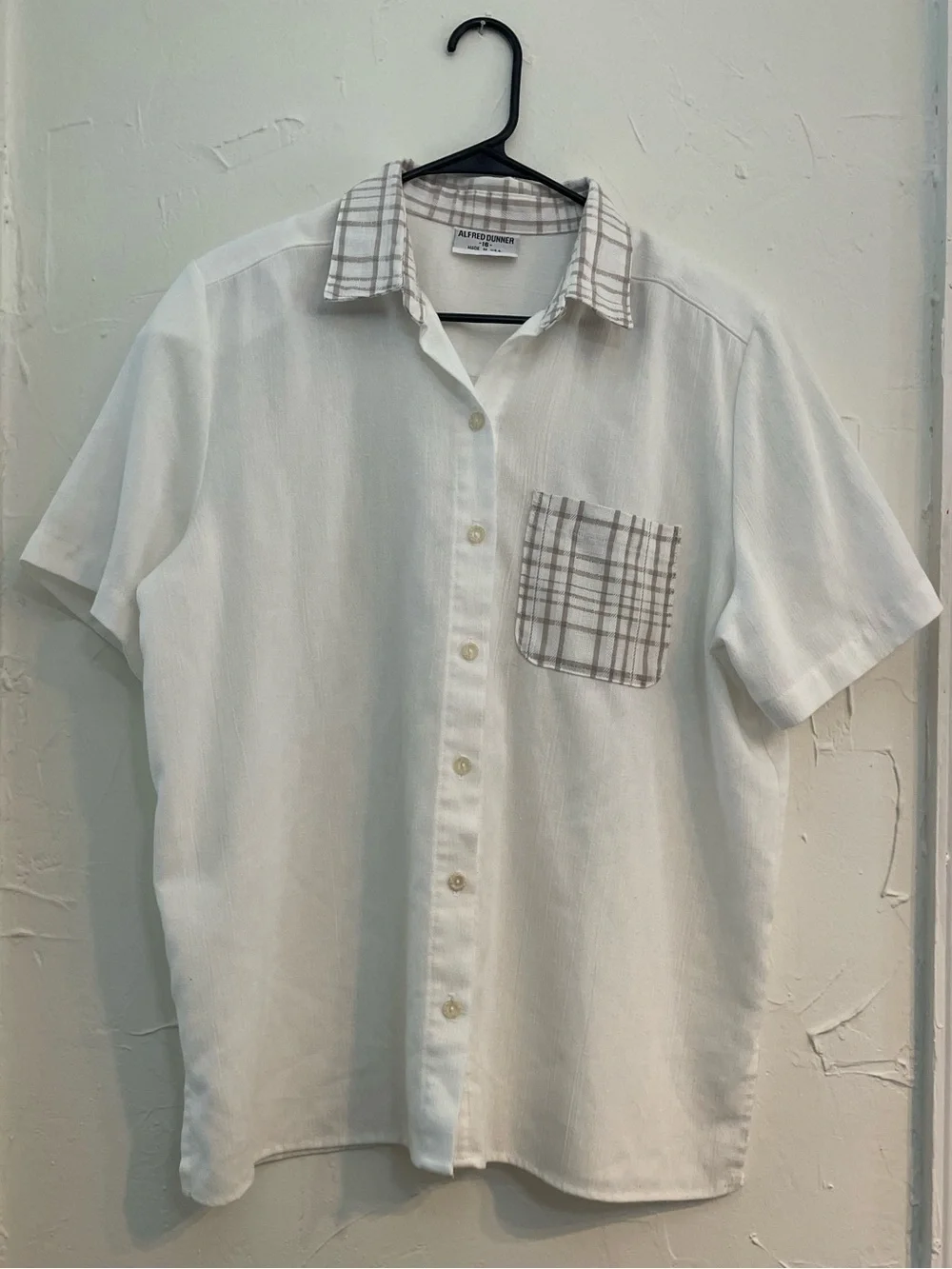 Vintage Alfred Dunner Coastal Grandma White Collared Shirt with Plaid Trim - Picture 1 of 10